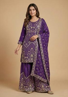 Purple Embroidered Silk Kurta Set
