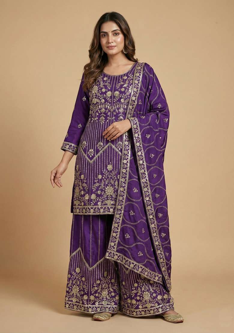 Purple Embroidered Silk Blend Sharara Set - Indya