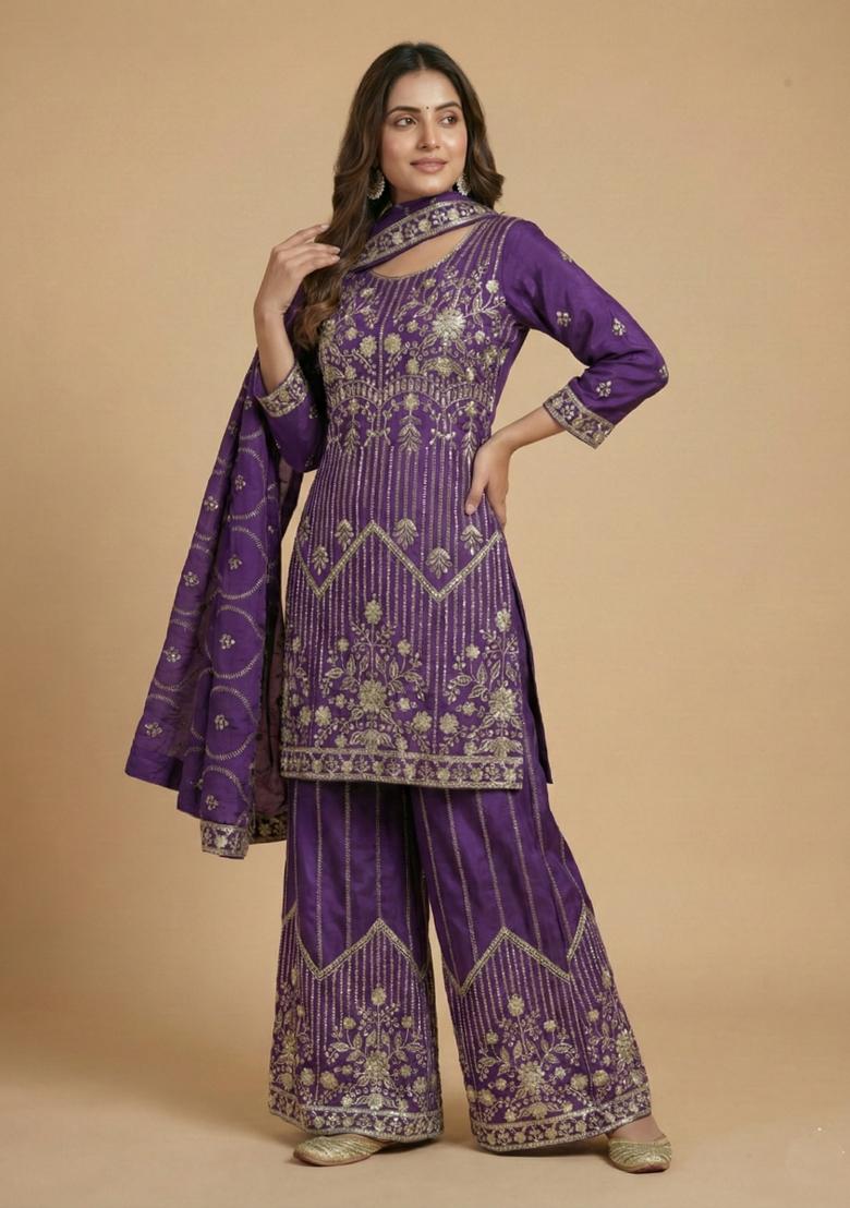 Purple Embroidered Silk Kurta Set - Indya
