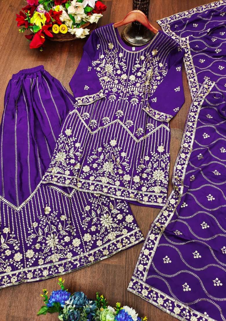 Purple Embroidered Silk Blend Sharara Set - Indya