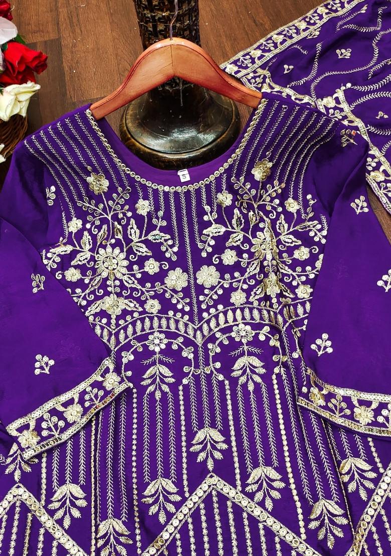 Purple Embroidered Silk Kurta Set - Indya