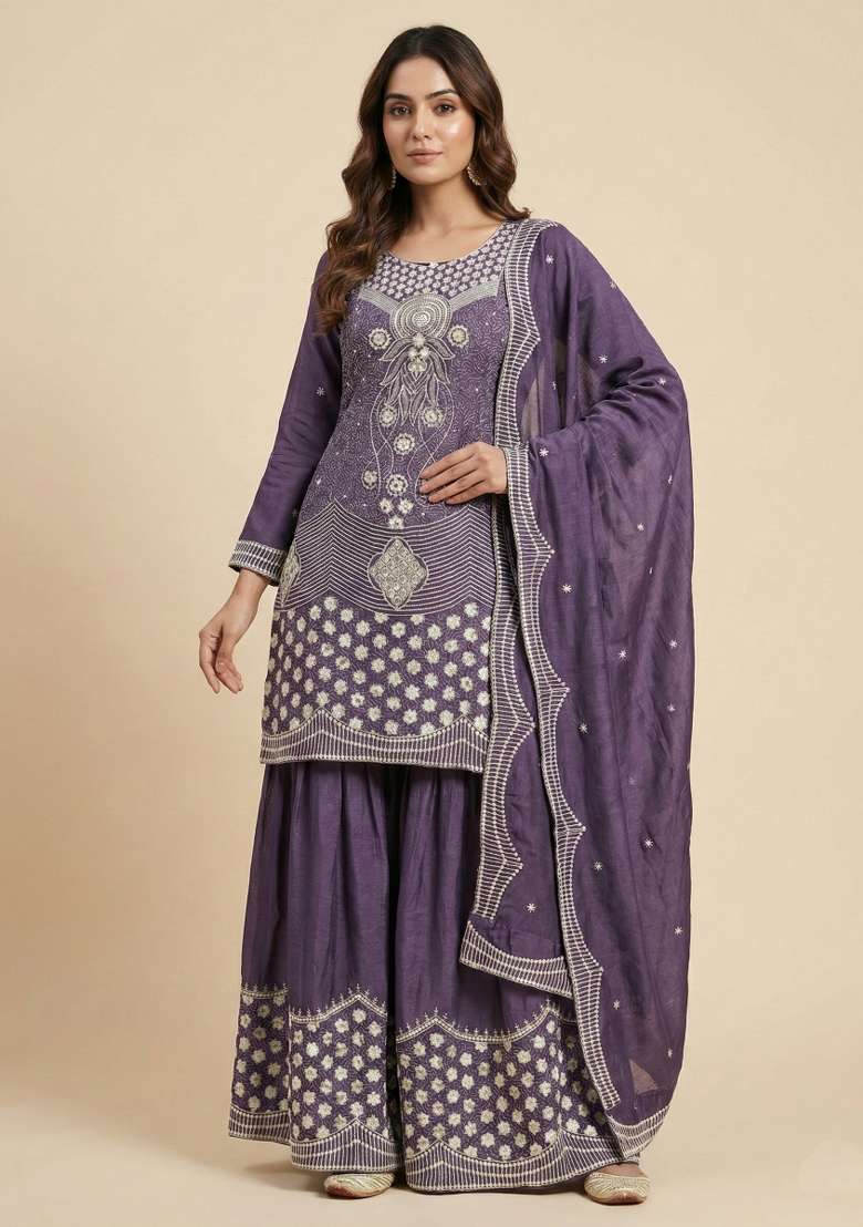Purple Embroidered Chinon Sharara Set - Indya