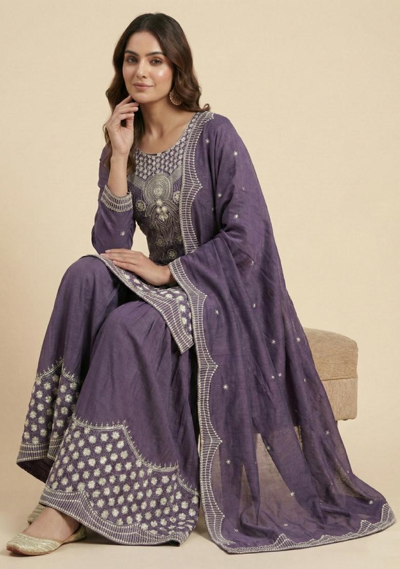 Purple Embroidered Chinon Kurta Set - Indya