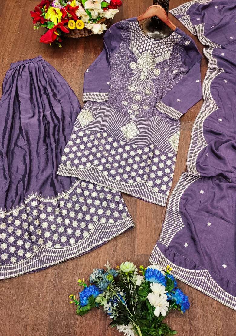 Purple Embroidered Chinon Sharara Set - Indya