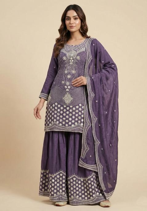 Purple Embroidered Chinon Kurta Set
