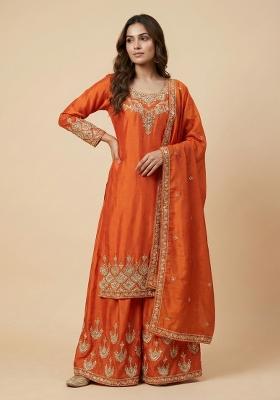 Orange Embroidered Chinon Kurta Set