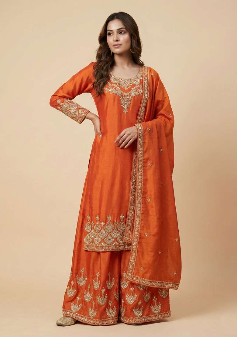 Orange Embroidered Chinon Sharara Set - Indya