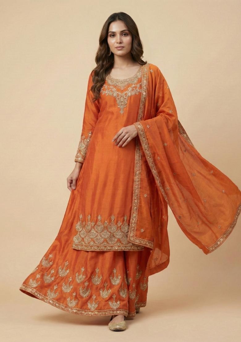 Orange Embroidered Chinon Kurta Set - Indya