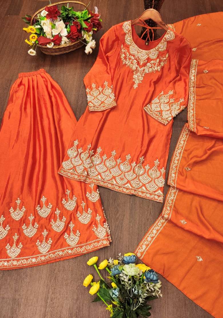 Orange Embroidered Chinon Sharara Set - Indya