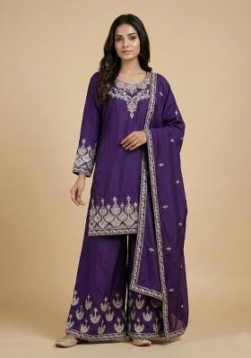 Purple Embroidered Chinon Kurta Set