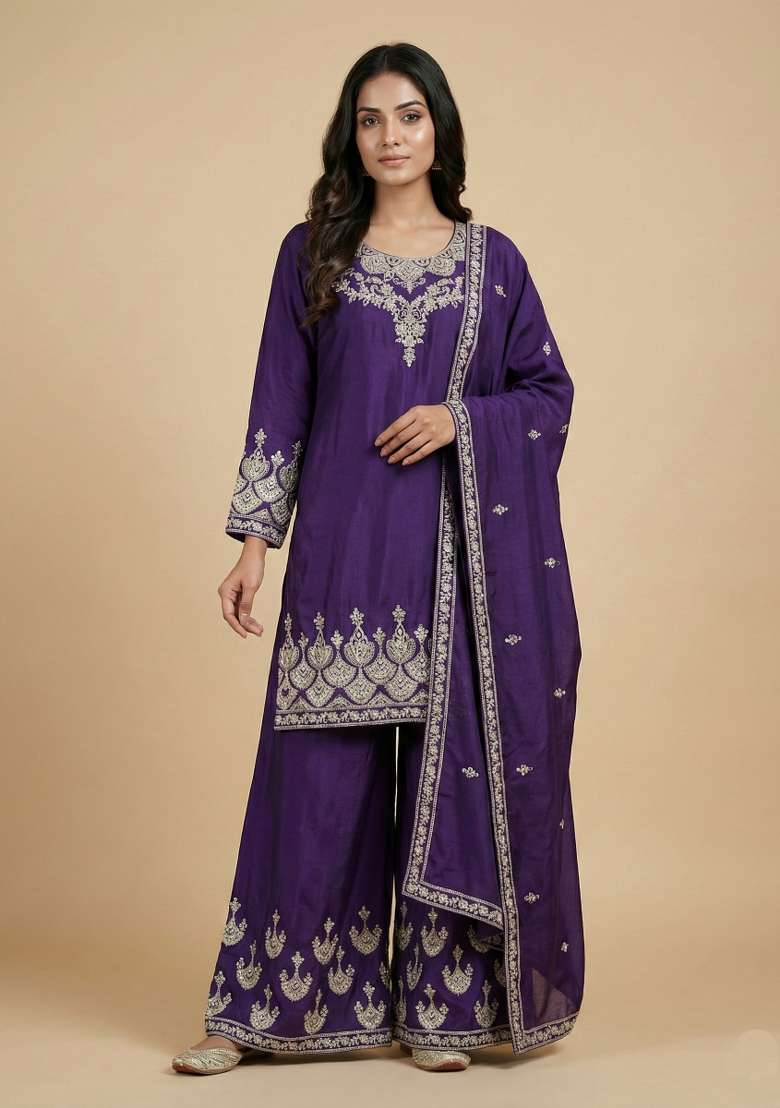 Purple Embroidered Chinon Sharara Set - Indya