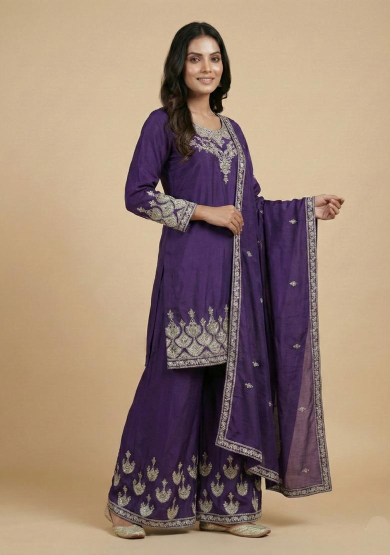 Purple Embroidered Chinon Kurta Set - Indya