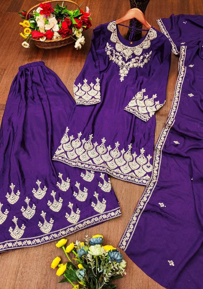 Purple Embroidered Chinon Sharara Set - Indya