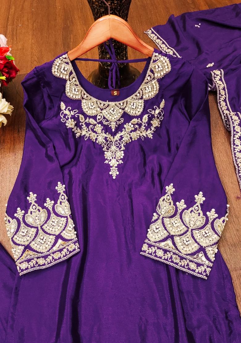 Purple Embroidered Chinon Kurta Set - Indya