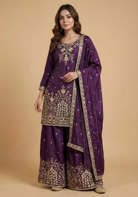 Purple Embroidered Chinon Kurta Set
