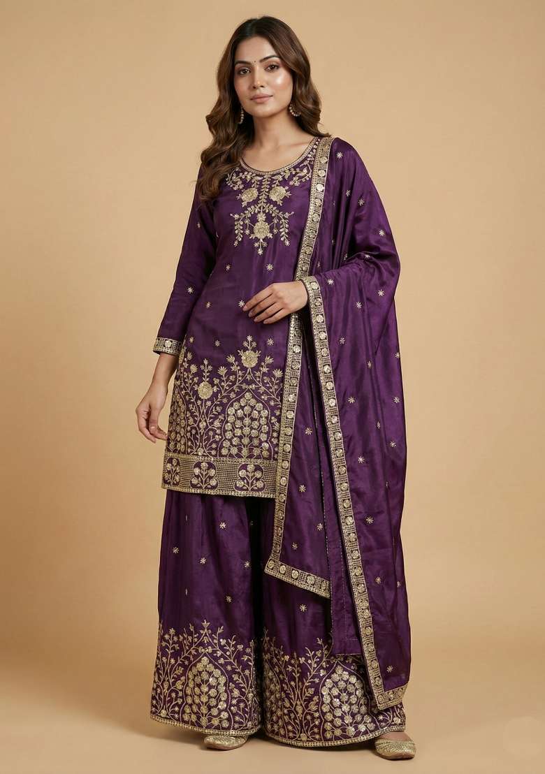 Purple Embroidered Chinon Sharara Set - Indya