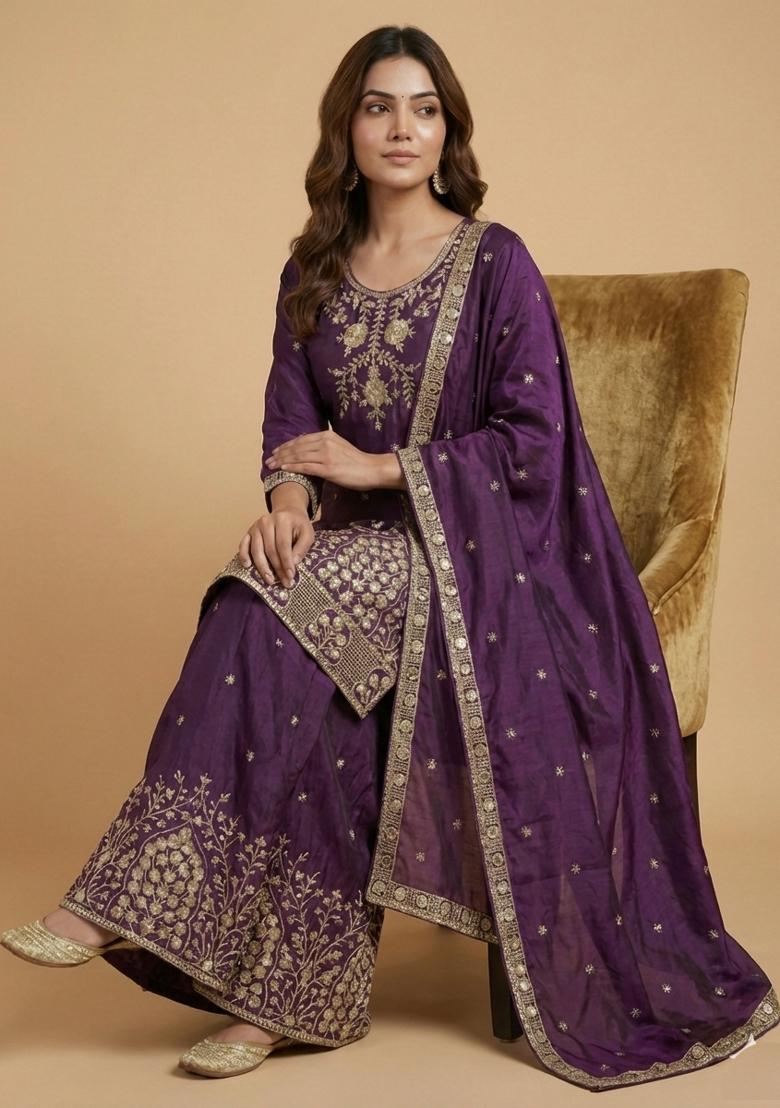 Purple Embroidered Chinon Kurta Set - Indya