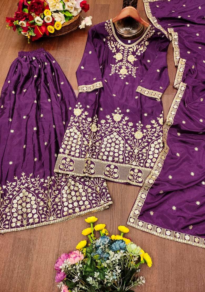 Purple Embroidered Chinon Sharara Set - Indya