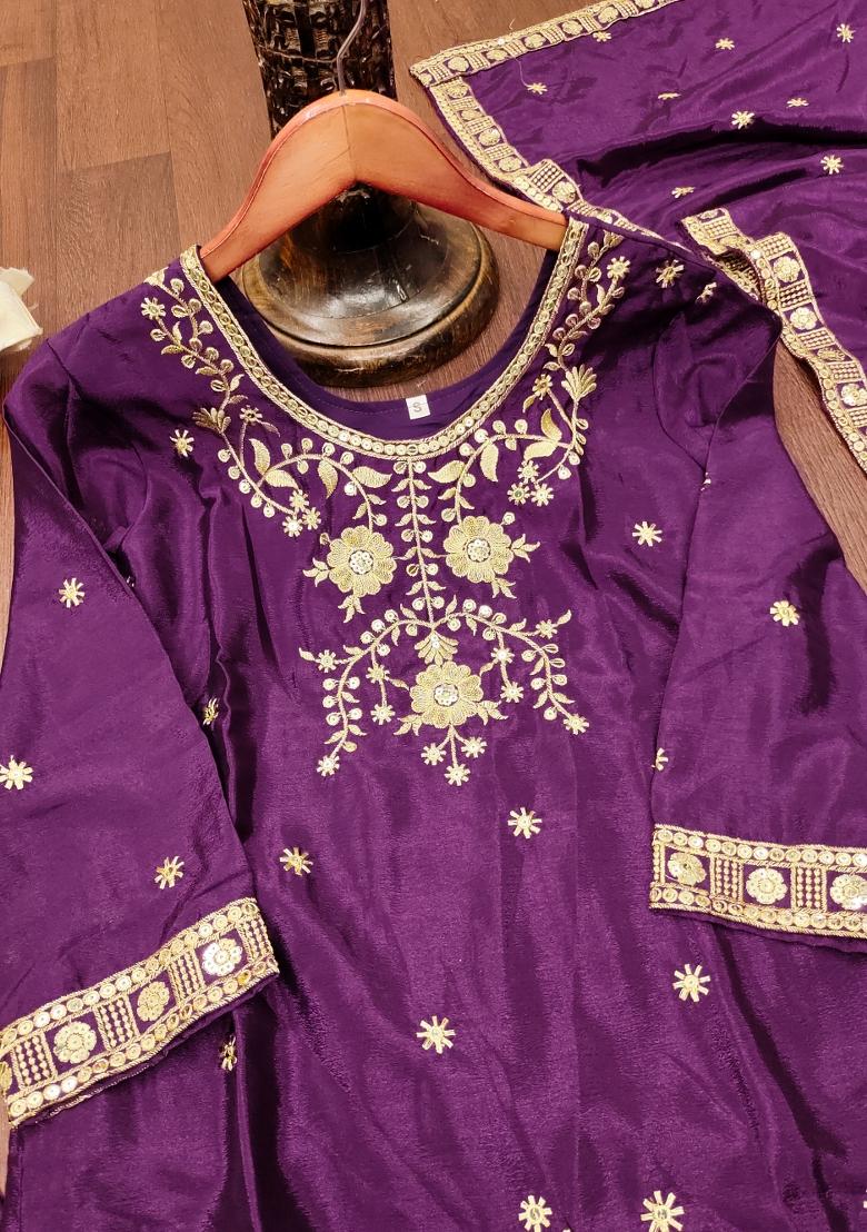 Purple Embroidered Chinon Kurta Set - Indya