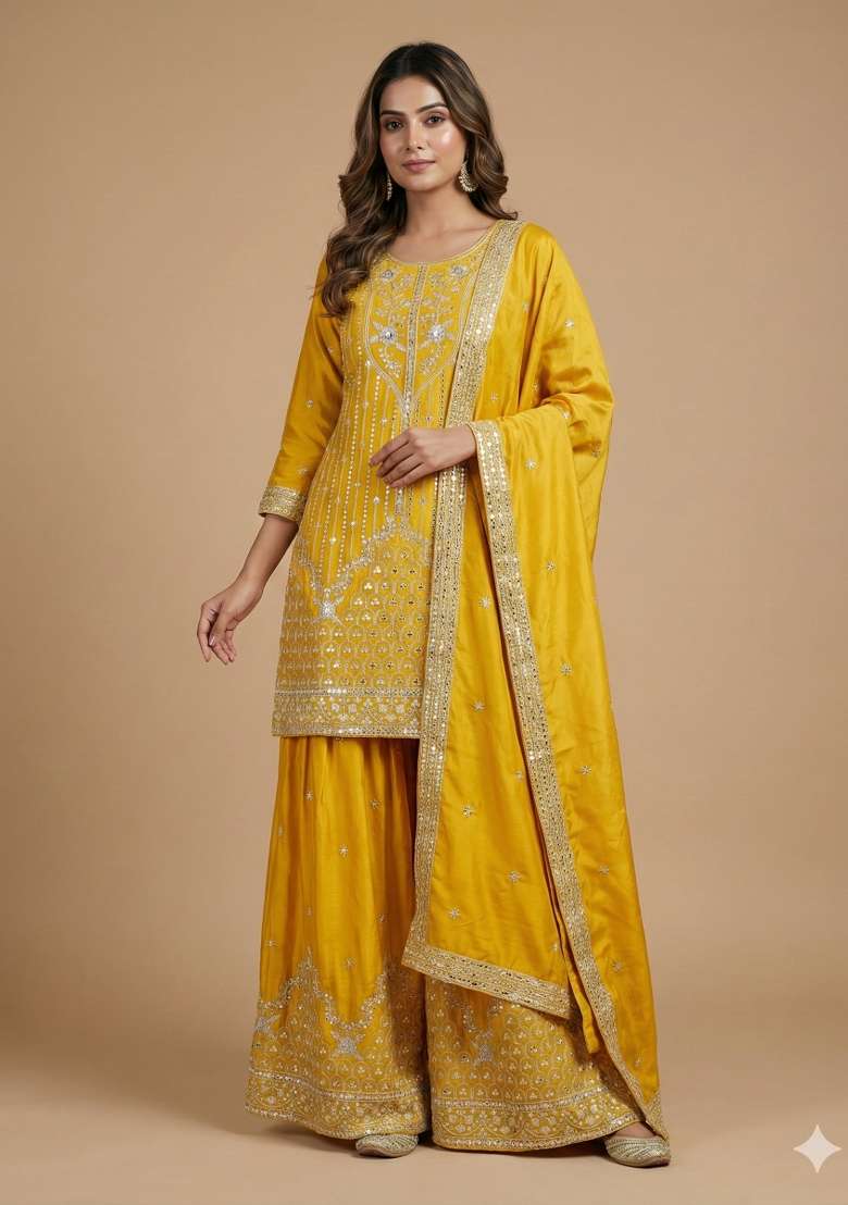 Yellow Embroidered Crepe Sharara Set - Indya