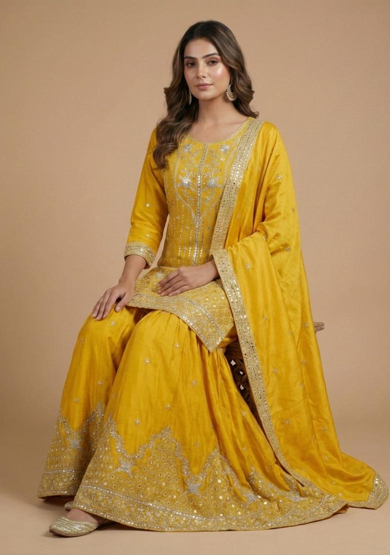 Yellow Embroidered Crepe Kurta Set - Indya