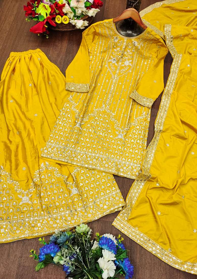 Yellow Embroidered Crepe Sharara Set - Indya