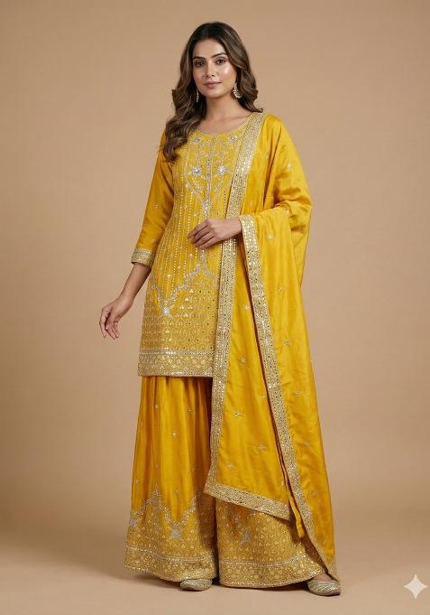 Yellow Embroidered Crepe Kurta Set