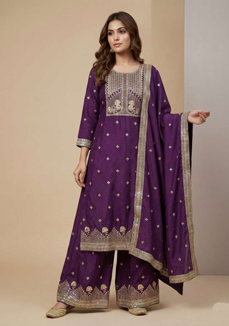 Purple Embroidered Crepe Sharara Set - Indya