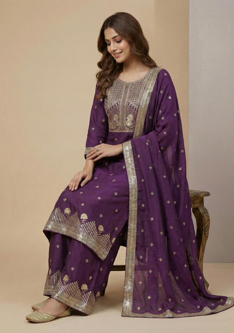 Purple Embroidered Crepe Kurta Set - Indya