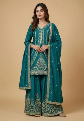 Teal Blue Embroidered Crepe Kurta Set