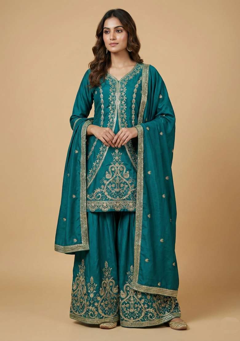 Teal Blue Embroidered Crepe Sharara Set - Indya