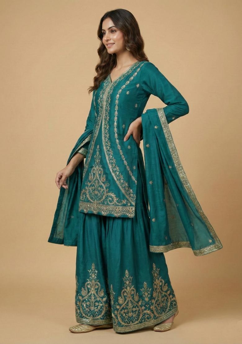 Teal Blue Embroidered Crepe Kurta Set - Indya
