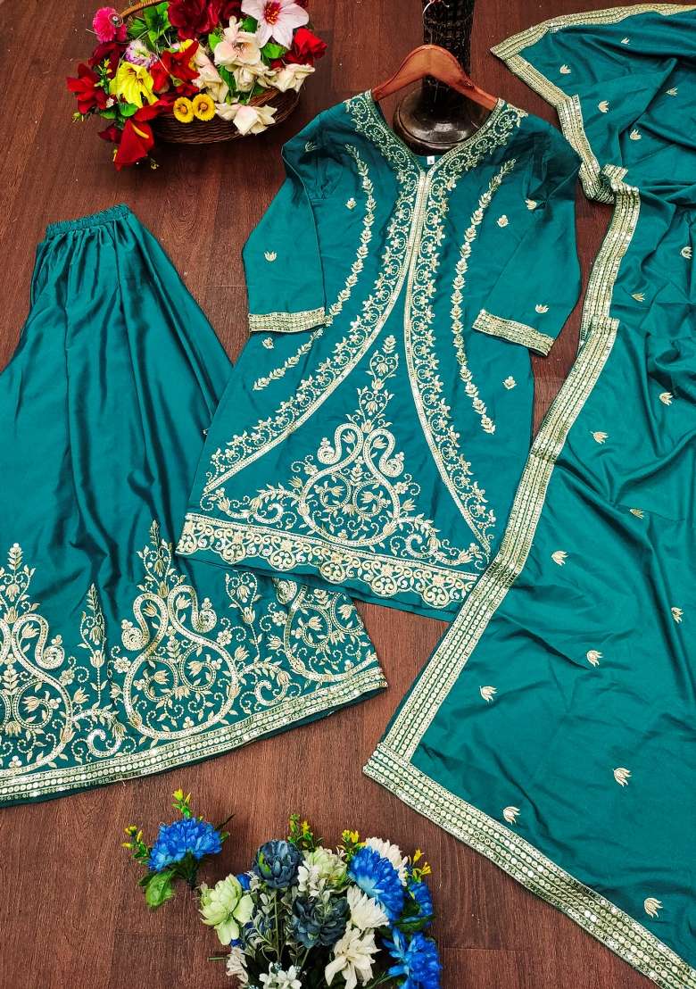 Teal Blue Embroidered Crepe Sharara Set - Indya