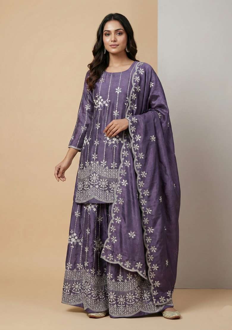 Light Purple Embroidered Chinon Sharara Set - Indya