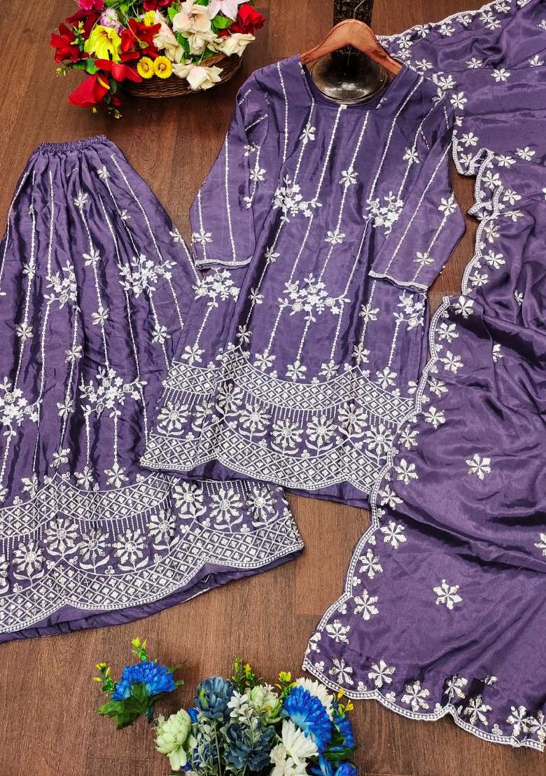 Light Purple Embroidered Chinon Sharara Set - Indya