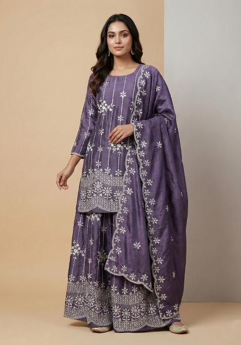 Light Purple Embroidered Chinon Kurta Set