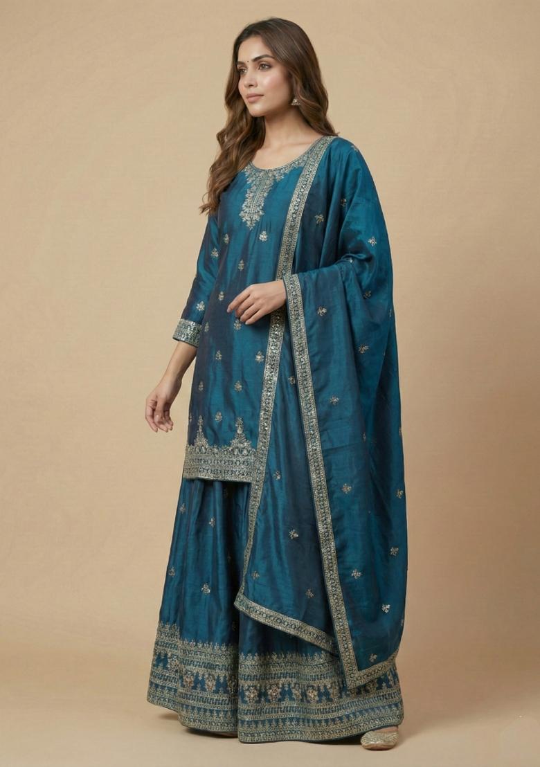 Teal Embroidered Chinon Kurta Set - Indya