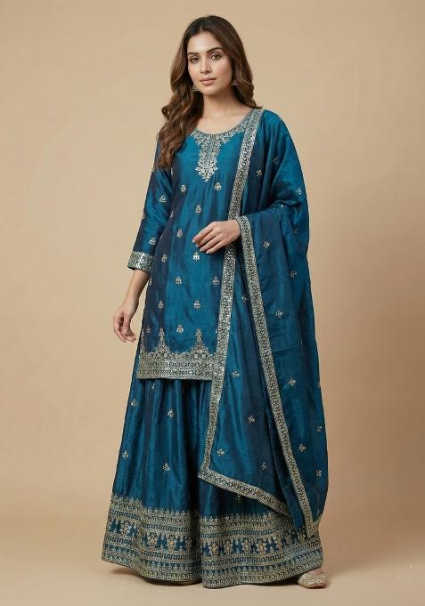 Teal Embroidered Chinon Kurta Set