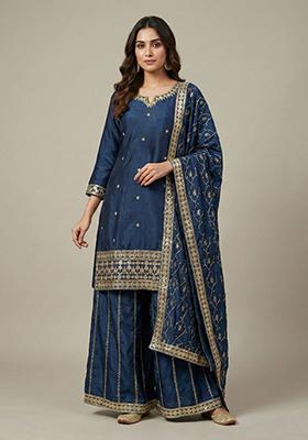 Blue Embroidered Chinon Kurta Set
