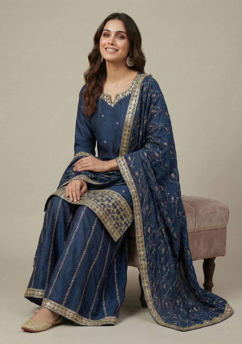 Blue Embroidered Chinon Kurta Set - Indya