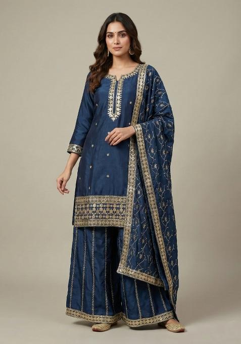 Blue Embroidered Chinon Kurta Set