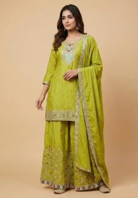 Parrot Green Embroidered Chinon Kurta Set