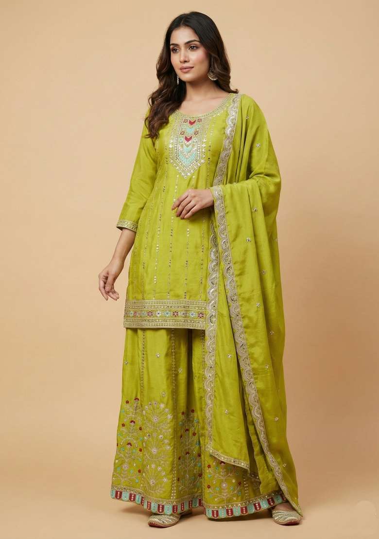 Parrot Green Embroidered Chinon Sharara Set - Indya