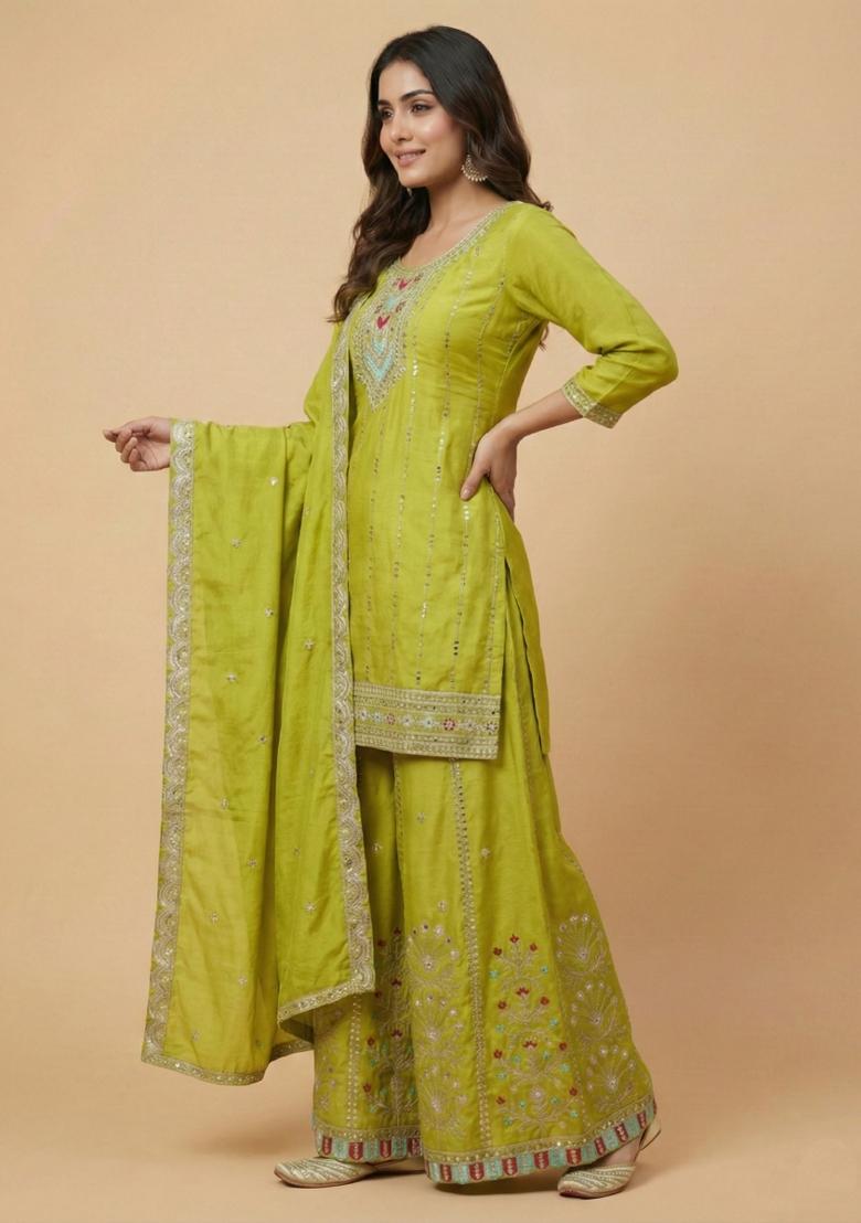 Parrot Green Embroidered Chinon Kurta Set - Indya