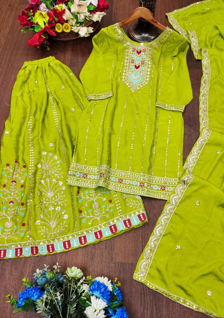 Parrot Green Embroidered Chinon Sharara Set - Indya