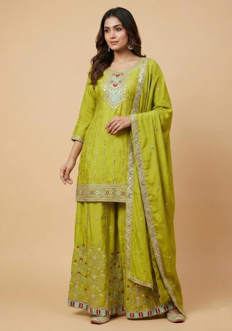 Parrot Green Embroidered Chinon Kurta Set