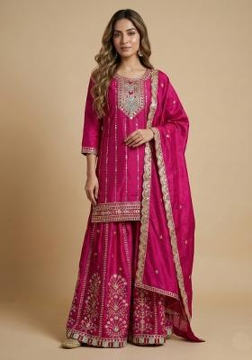 Pink Embroidered Chinon Kurta Set