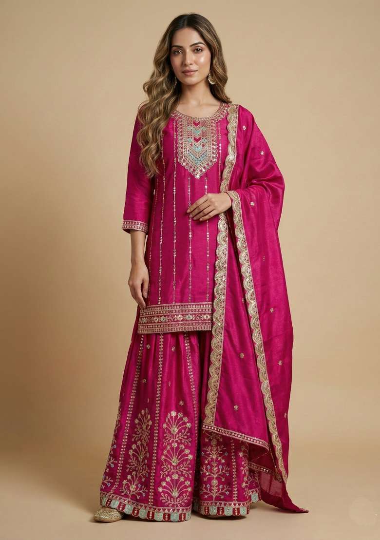 Pink Embroidered Chinon Sharara Set - Indya