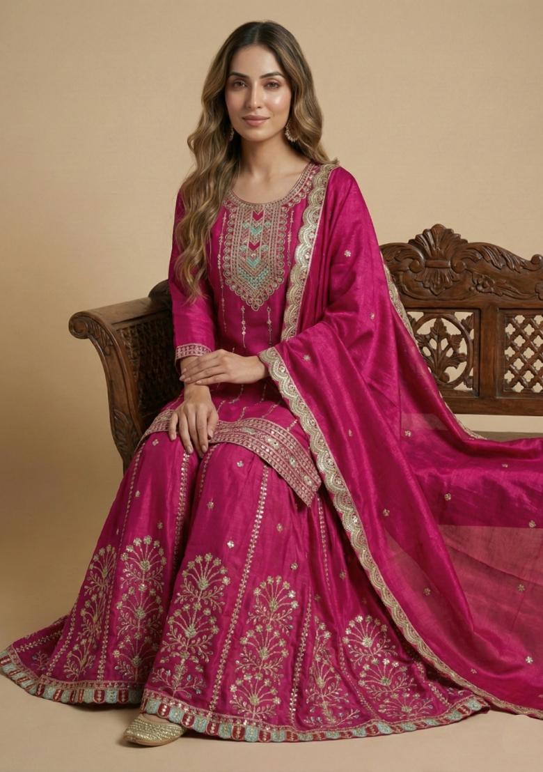 Pink Embroidered Chinon Kurta Set - Indya