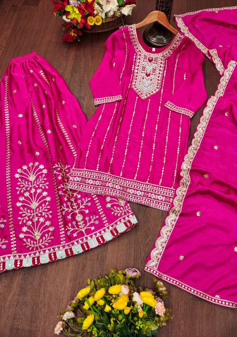 Pink Embroidered Chinon Sharara Set - Indya
